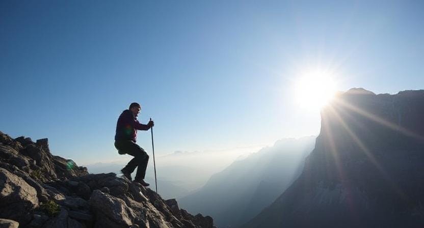 Survivalist Using Mindfulness While Climbing a Mountain