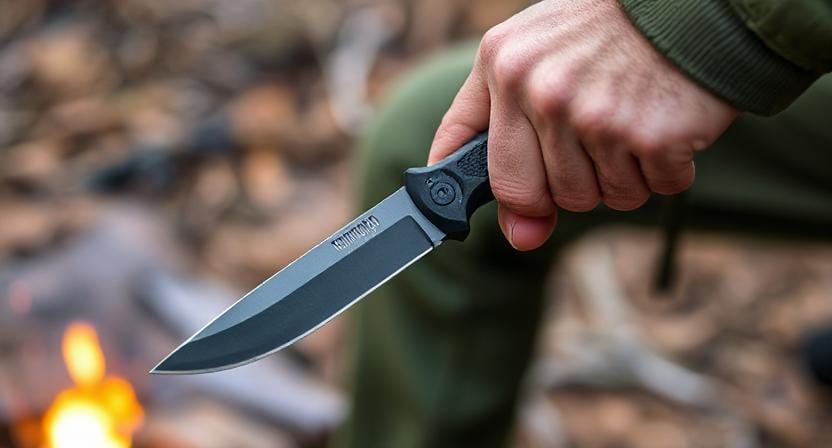 Survivalist Using Survival Knife with a a Built In Fire Starter