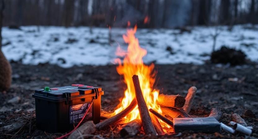 Survivalist Starting a Fire with a Car Battery