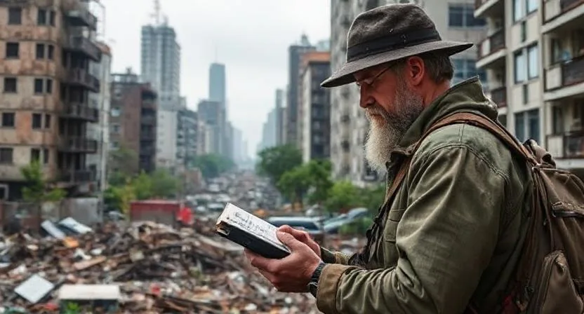 Survivalist Assessing the Environment During Urban Collapse