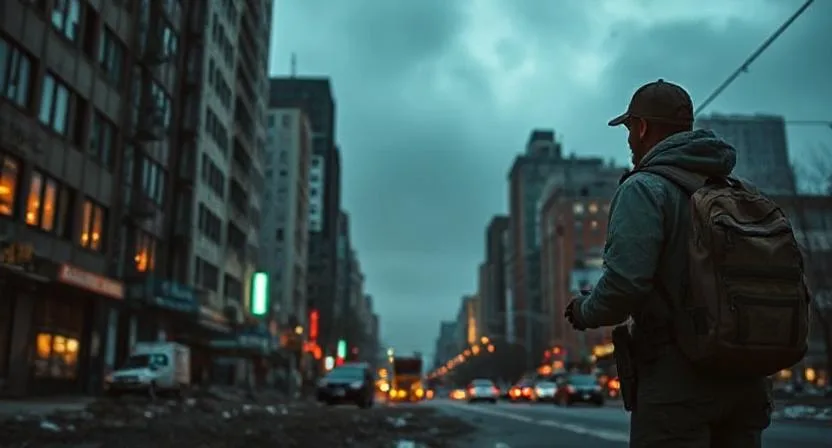 Survivalist Keeping Your Distance During Urban Collapse