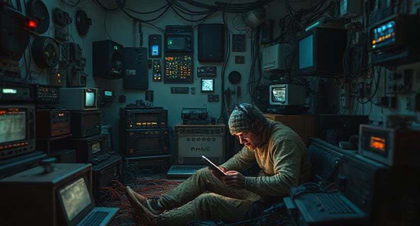 Survivalist in a Room Full of Electronic Devices
