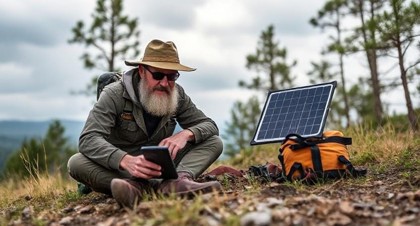 Survivalist with a Portable Solar Charger