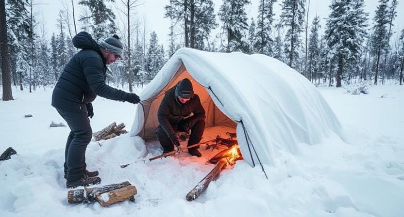 Survivalist Making an Ice Shelter