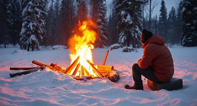 Survivalist in the Snow Warming Up by a Huge Bonfire