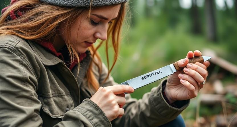 Survivalist Taking Care of Her Survival Knife