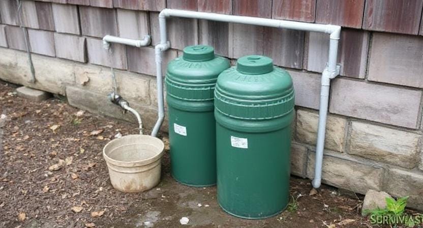 Survivalist Setting Up the Rainwater Collection System with Filtration and Safety Measures