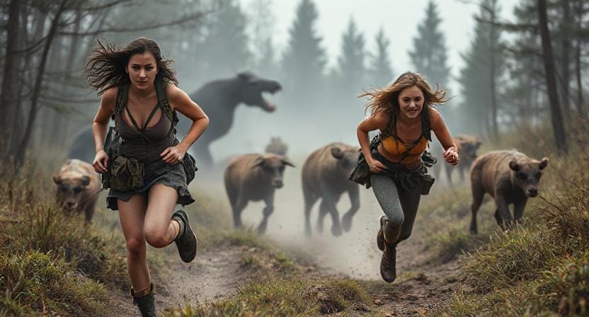 Survivalists Women Running Away from Danderous Animals