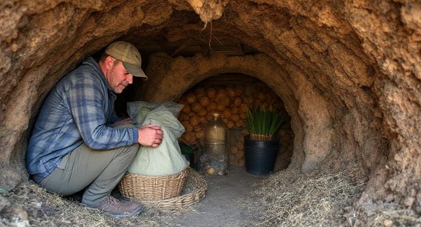 Survivalist Homesteading Prepper Storing the Harvest in a Root Cellar