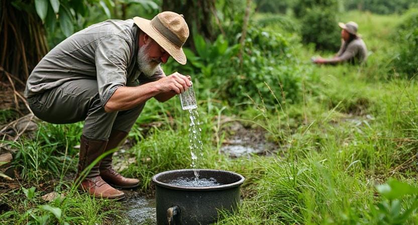 Survivalist Getting Rainwater for Drinking