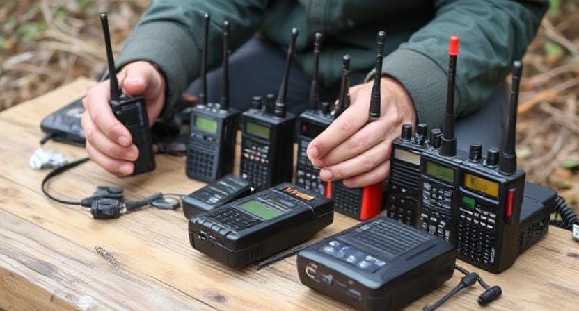 Survivalist Setting up a Variety of Communication Radios