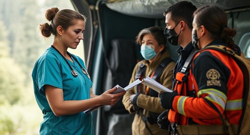 Survivalist Nurse Communicating with Other Rescuers