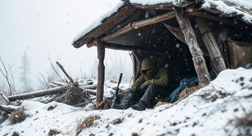 Survivalist Sheltering in Bad Weather