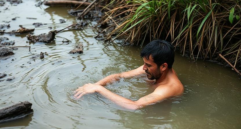Survivalist Bathing in Dirty Water