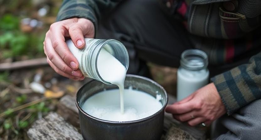 Survivalist Using Powdered Milk for Cooking