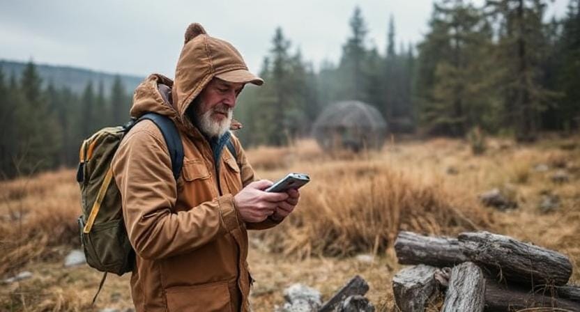 Survivalist Checking the Weather Warnings