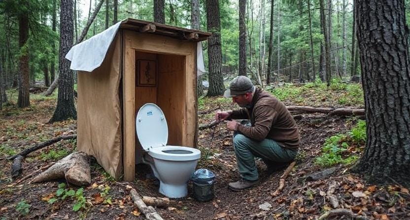 Survivalist Using a Makeshift Toilet