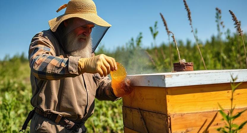 Survivalist Prepper Harvesting Honey from the Hive