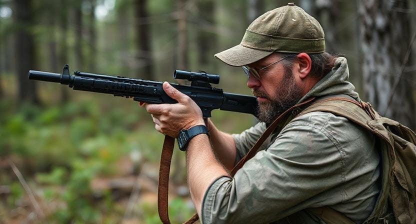 Survivalist Practicing with his Survival Sling