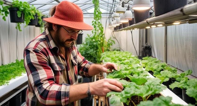 Survivalist Taking Care of the Hydroponic System