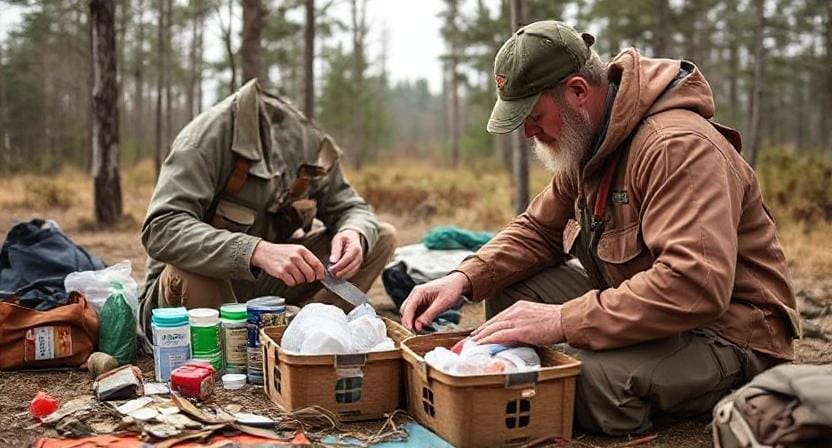 Survivalist Putting Together Medical Supplies for the Field Hospital