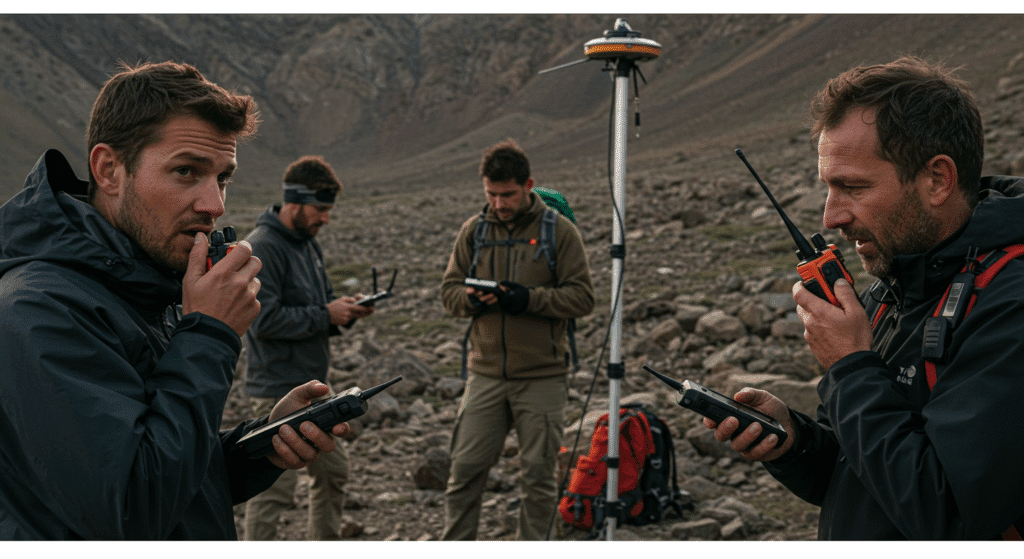 Men Using Walkie-Talkies and Satellite Phones and GPS Equipment