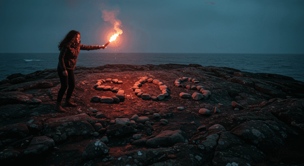 Woman Using a Signal Flare by Rocks that Spell SOS
