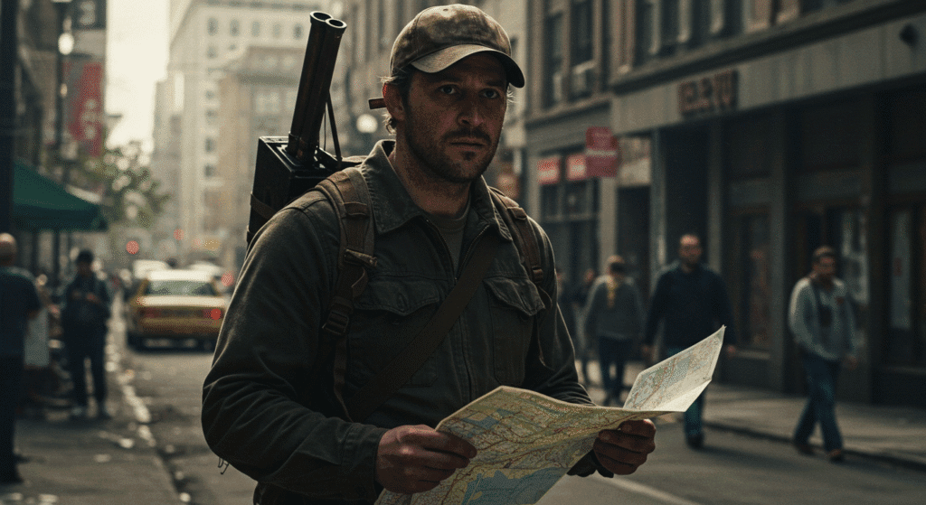 Survival Man Navigating the City with a Map