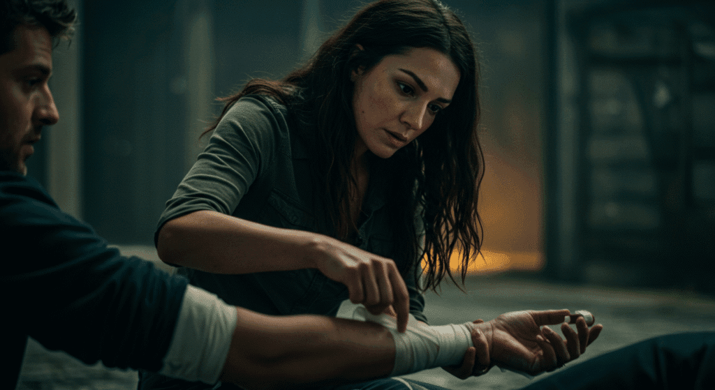 Woman Applying Basic First Aid for Urban Survival Situation