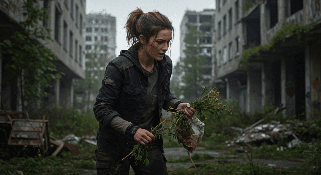 Woman Foraging for Survival Food in a City