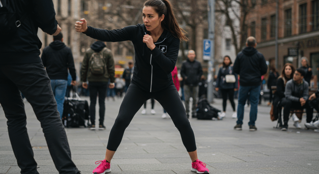 Woman Using Survival Basic Self Defense in City
