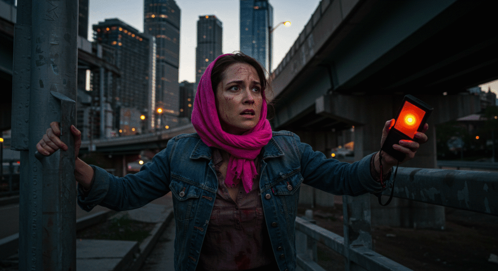 Woman Using Emergency Communication for Survival in City