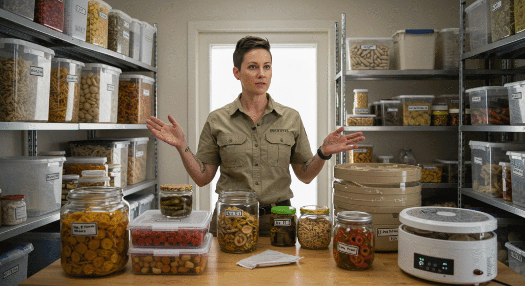 Prepper Woman Performing Food Storage Tricks