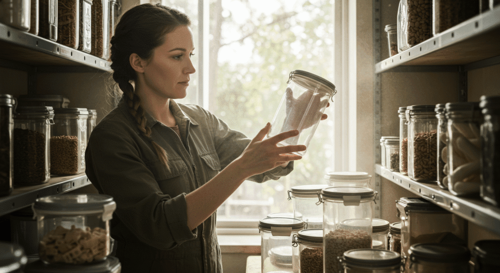Prepper Woman Choosing Food Storage Containers