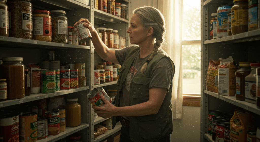 Prepper Woman Stocking Up on Non-Perishable Foods