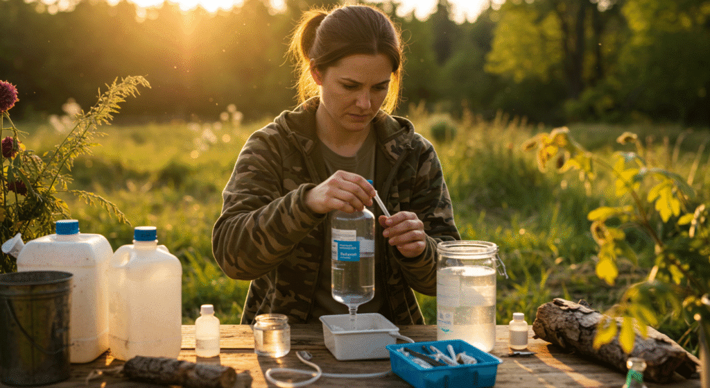 Prepper Woman Using Her Water Purification Skills
