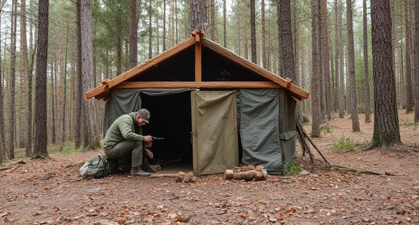 Survivalist Building an Emergency Shelter in the Woods